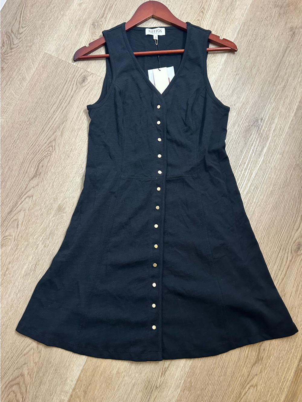 NWT Nation LA 100% Cotton Black Gold Button V - Neck Button Down Mini Dress - Picture 6 of 15